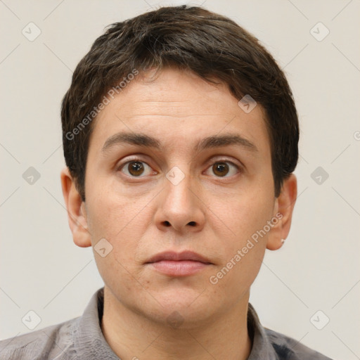 Neutral white young-adult male with short  brown hair and brown eyes