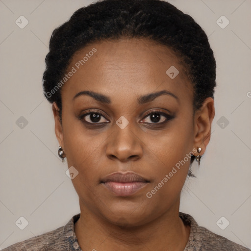 Neutral black young-adult female with short  black hair and brown eyes