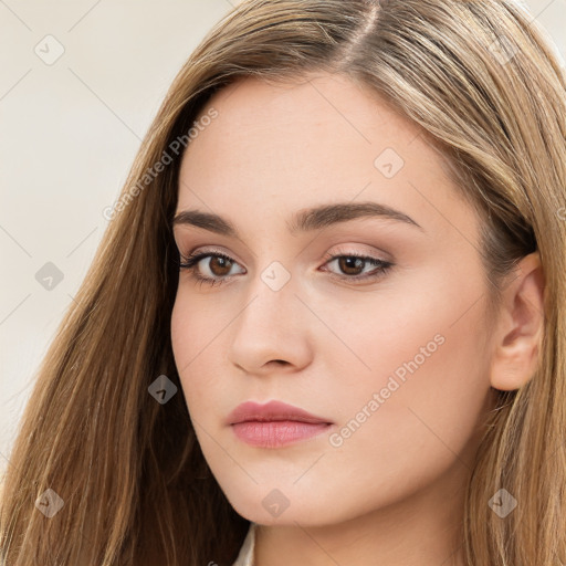 Neutral white young-adult female with long  brown hair and brown eyes