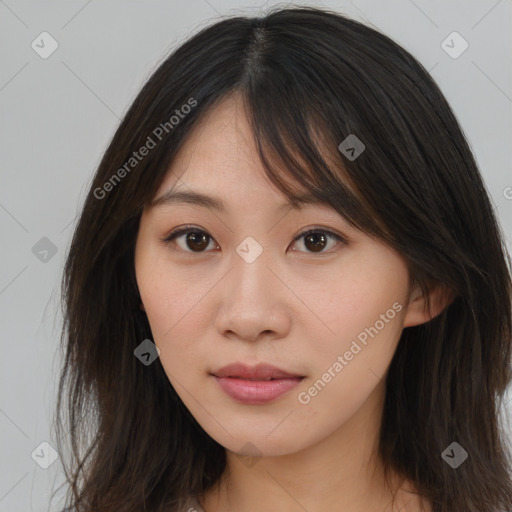 Neutral asian young-adult female with long  brown hair and brown eyes