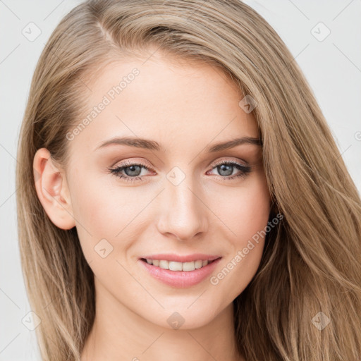 Joyful white young-adult female with long  brown hair and grey eyes