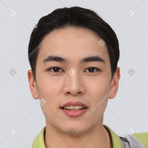 Neutral asian young-adult male with short  black hair and brown eyes