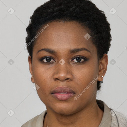 Neutral black young-adult female with short  black hair and brown eyes