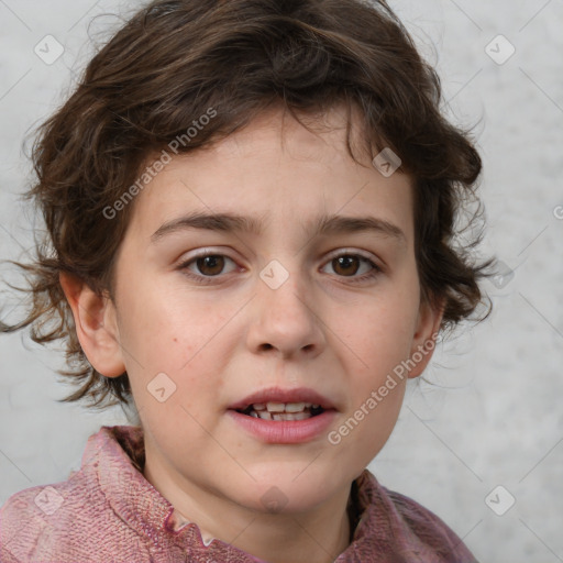 Joyful white child female with medium  brown hair and brown eyes