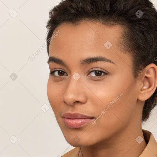 Neutral white young-adult female with short  brown hair and brown eyes