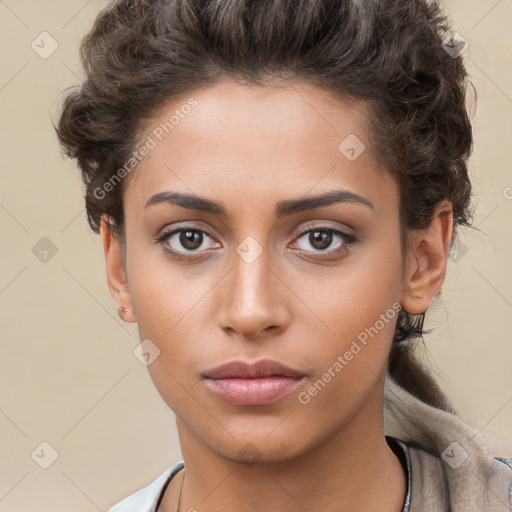 Neutral white young-adult female with short  brown hair and brown eyes