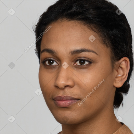 Neutral latino young-adult female with short  black hair and brown eyes