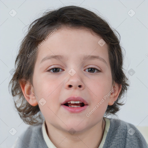 Joyful white child female with medium  brown hair and blue eyes