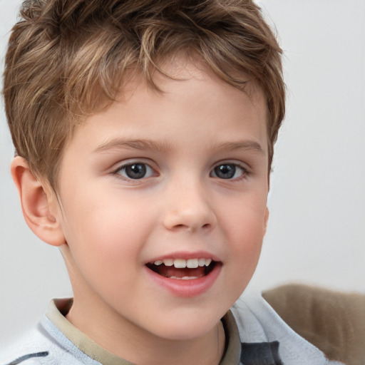 Joyful white child male with short  brown hair and brown eyes