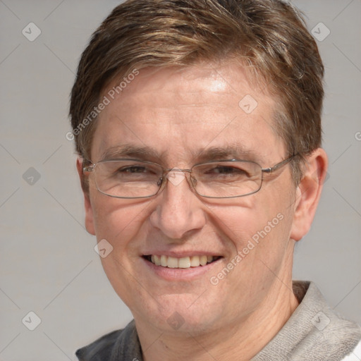 Joyful white middle-aged male with short  brown hair and grey eyes