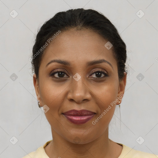 Joyful latino young-adult female with short  brown hair and brown eyes