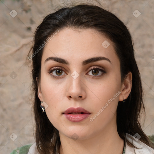 Neutral white young-adult female with medium  brown hair and brown eyes