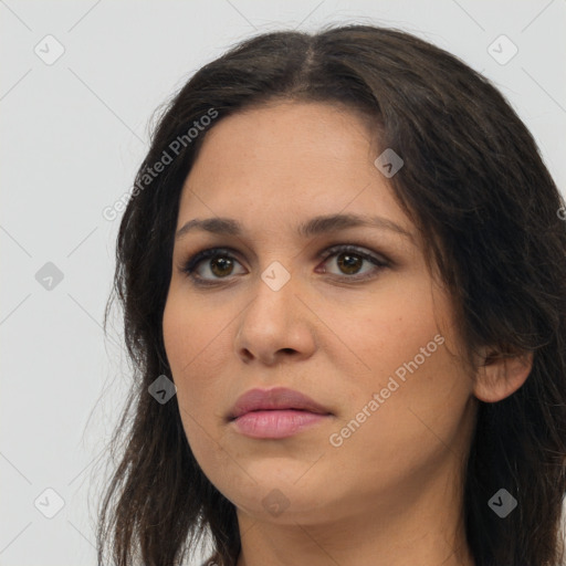 Neutral white young-adult female with long  brown hair and brown eyes