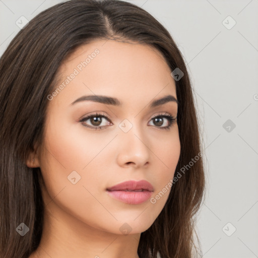 Neutral white young-adult female with long  brown hair and brown eyes