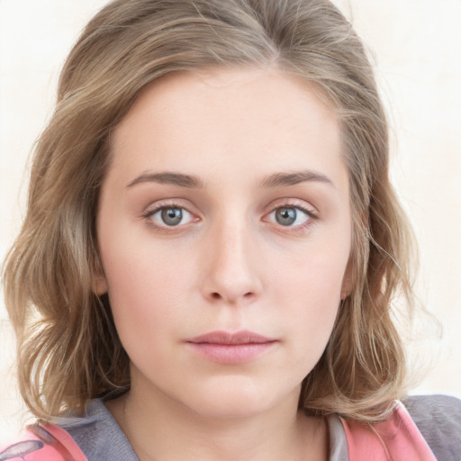 Neutral white young-adult female with medium  brown hair and blue eyes