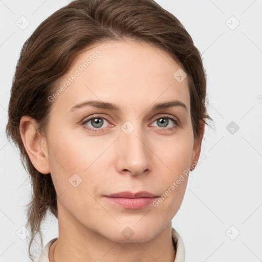 Neutral white young-adult female with medium  brown hair and grey eyes