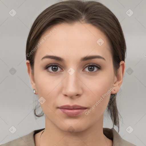 Neutral white young-adult female with medium  brown hair and brown eyes