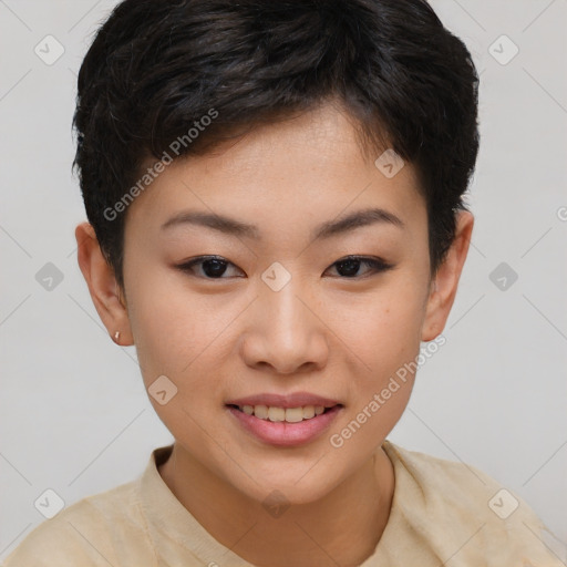 Joyful asian young-adult female with short  brown hair and brown eyes