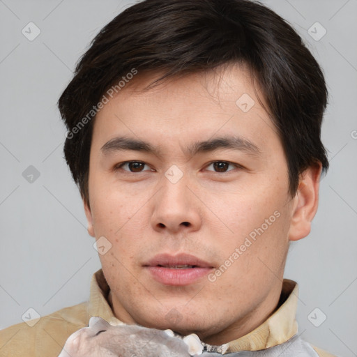 Neutral asian young-adult male with short  brown hair and brown eyes