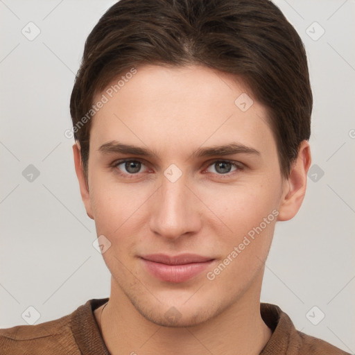 Joyful white young-adult female with short  brown hair and grey eyes