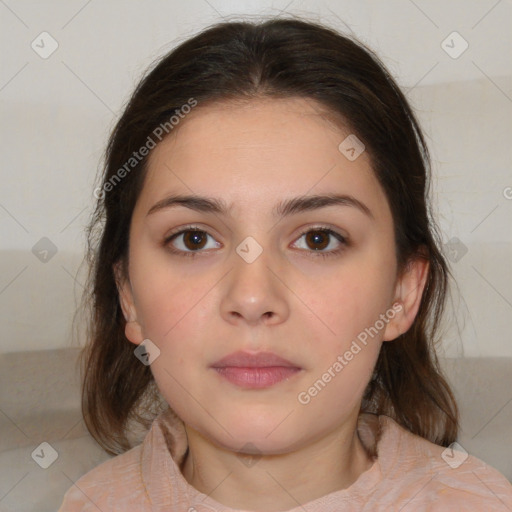 Neutral white young-adult female with medium  brown hair and brown eyes