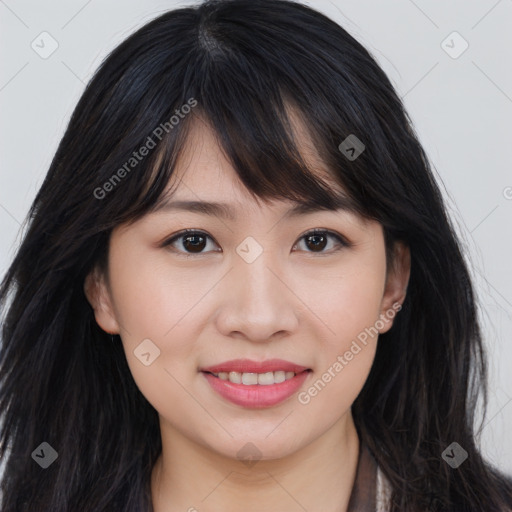 Joyful asian young-adult female with long  brown hair and brown eyes