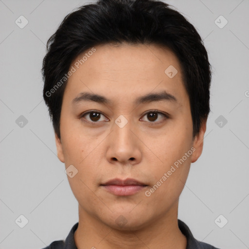 Neutral asian young-adult male with short  black hair and brown eyes