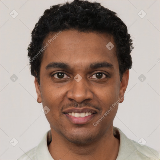 Joyful black young-adult male with short  black hair and brown eyes