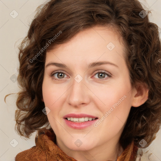 Joyful white young-adult female with medium  brown hair and green eyes