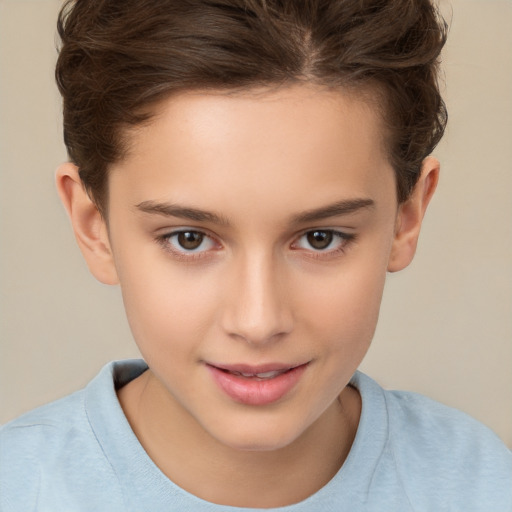 Joyful white child female with short  brown hair and brown eyes