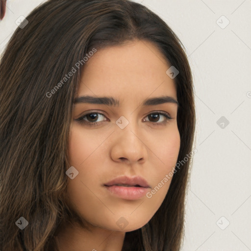 Neutral white young-adult female with long  brown hair and brown eyes