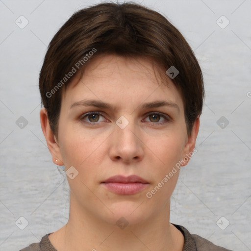 Neutral white young-adult female with short  brown hair and brown eyes