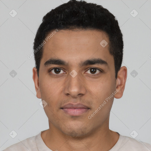 Neutral latino young-adult male with short  black hair and brown eyes