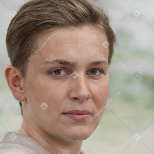 Neutral white adult female with short  brown hair and grey eyes