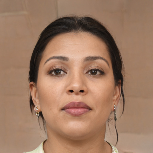 Neutral asian young-adult female with medium  brown hair and brown eyes