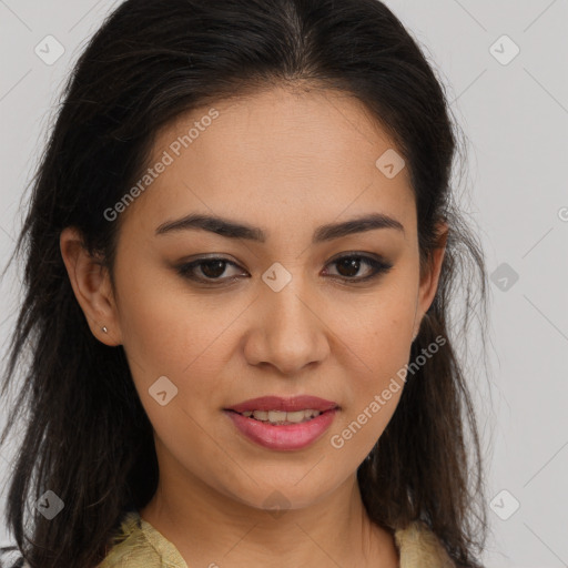 Joyful white young-adult female with long  brown hair and brown eyes