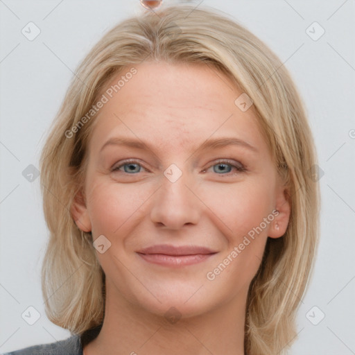 Joyful white young-adult female with medium  brown hair and blue eyes