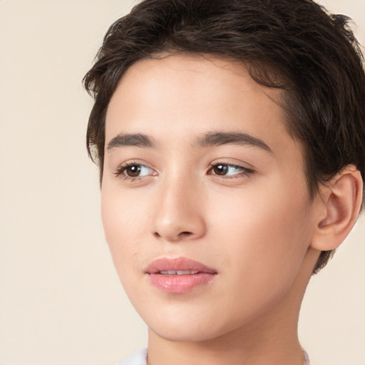 Joyful white young-adult male with medium  brown hair and brown eyes