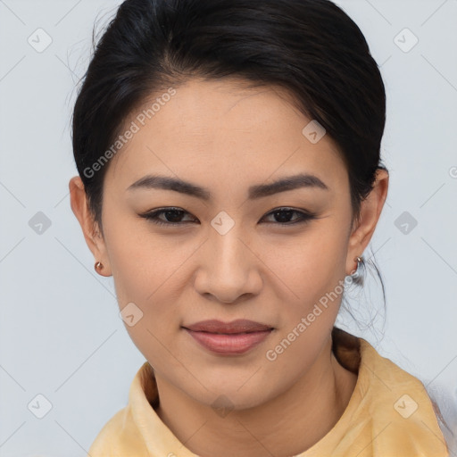 Joyful asian young-adult female with medium  brown hair and brown eyes