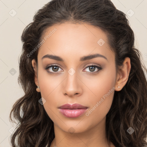 Neutral white young-adult female with long  brown hair and brown eyes