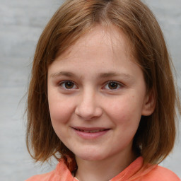 Joyful white child female with medium  brown hair and brown eyes