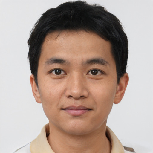 Neutral asian young-adult male with short  black hair and brown eyes