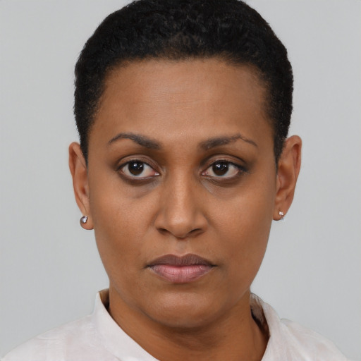 Neutral latino young-adult female with short  black hair and brown eyes