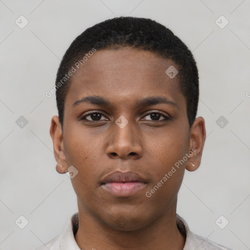 Neutral black young-adult male with short  black hair and brown eyes