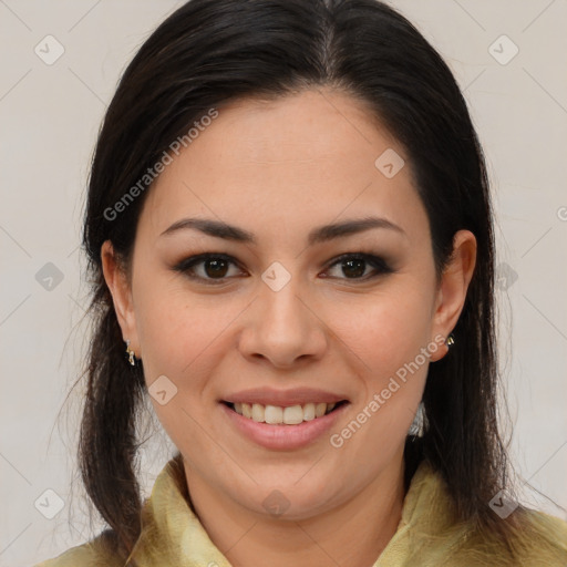 Joyful latino young-adult female with medium  brown hair and brown eyes