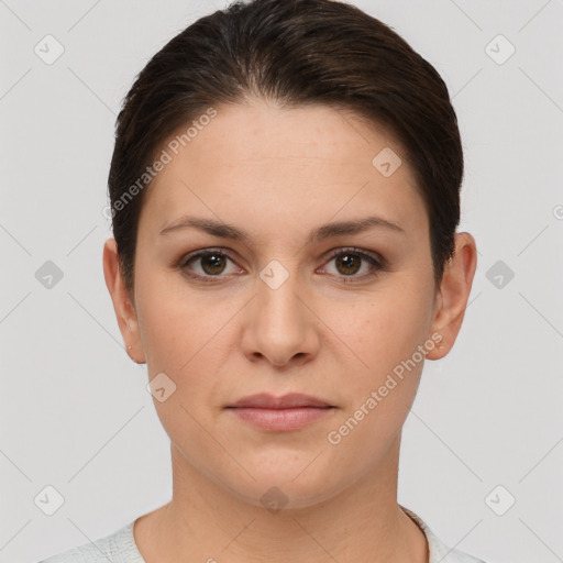 Neutral white young-adult female with short  brown hair and brown eyes