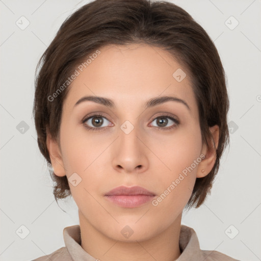 Neutral white young-adult female with medium  brown hair and brown eyes