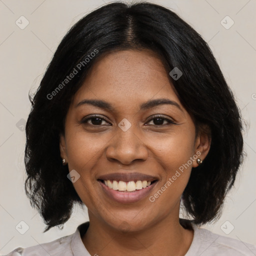 Joyful black young-adult female with medium  black hair and brown eyes