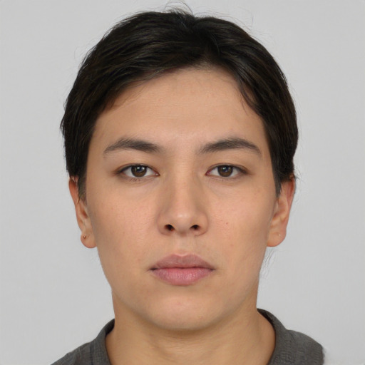 Neutral asian young-adult female with short  black hair and brown eyes