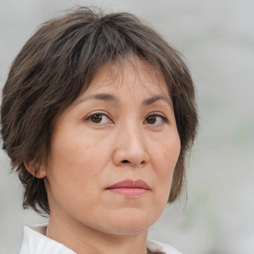 Neutral white adult female with medium  brown hair and brown eyes